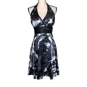 Betsy & Adam Gray and Black Satin Floral Halter Dress